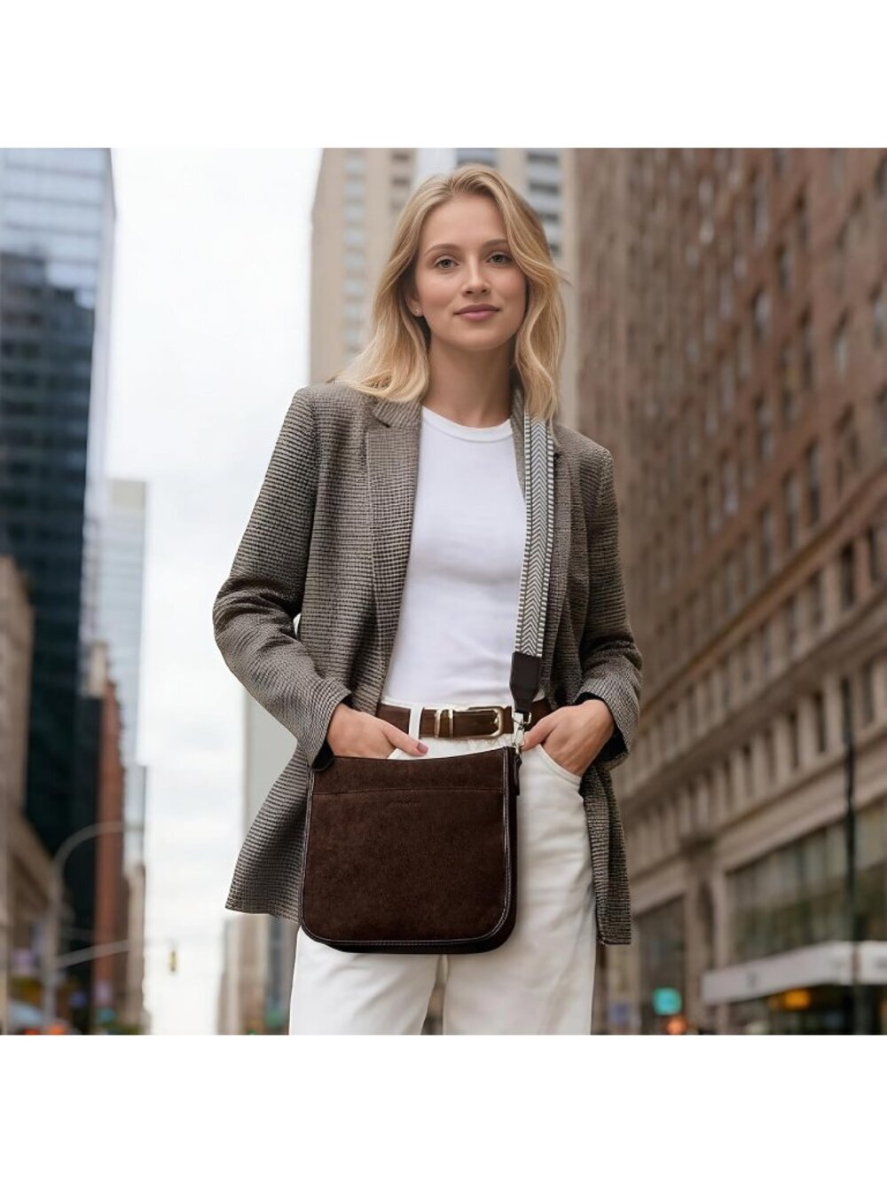 Women's Suede Coffee Fashionable Crossbody Bags Trendy Wide Shoulder Strap Bags - Picture 2 of 6
